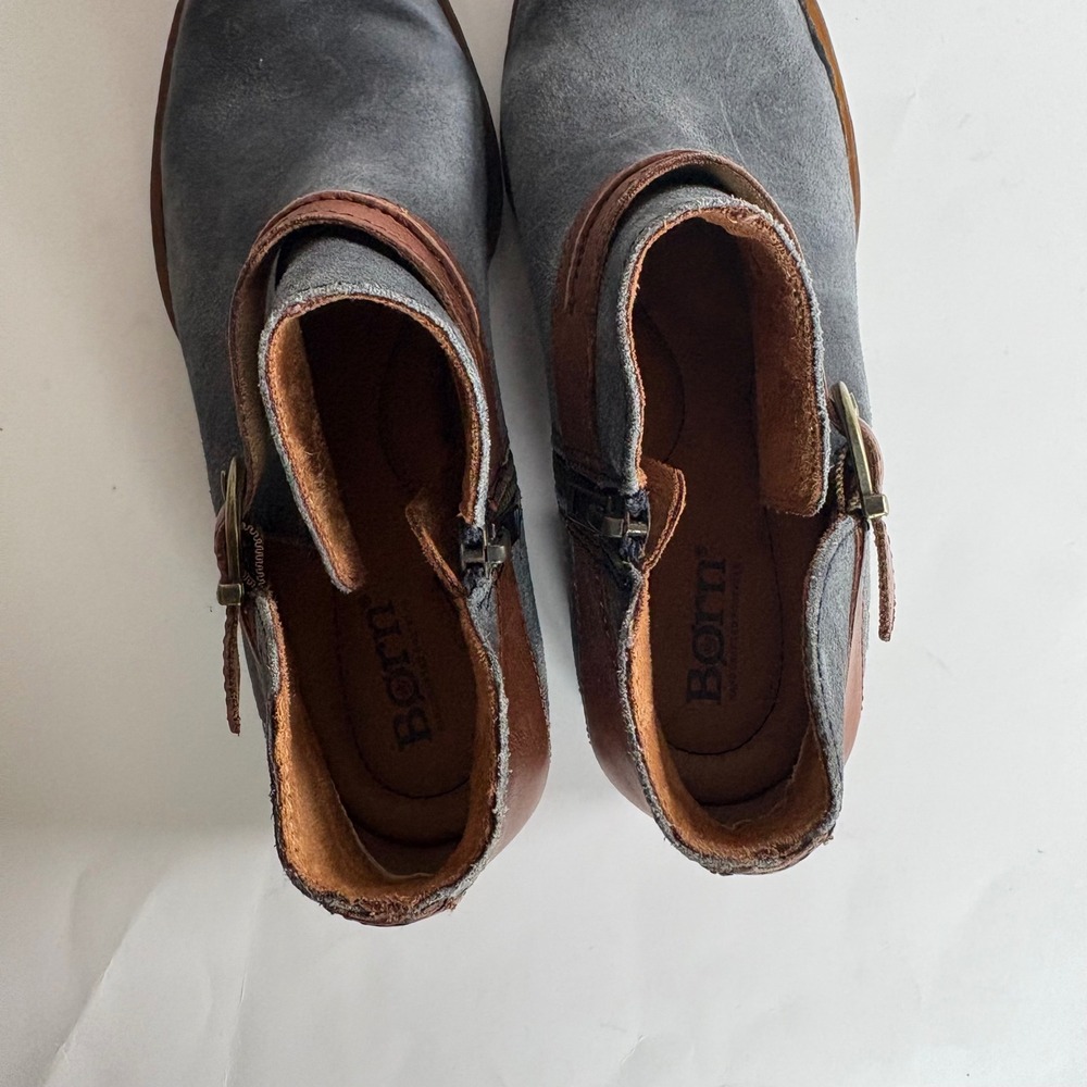 Born Kati Ankle Boots Womens 8 Blue Grey Suede Brown Leather Buckle Booties - Picture 11 of 12